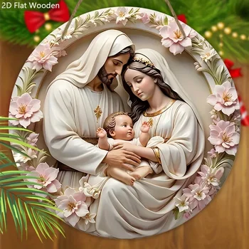2D Flat, 2D Flat Nativity Scene Pink Wooden Sign - 1pc Pink Flower Wreath Jesus Round Sign for Front Door Wall Hanging Decor Ide 1