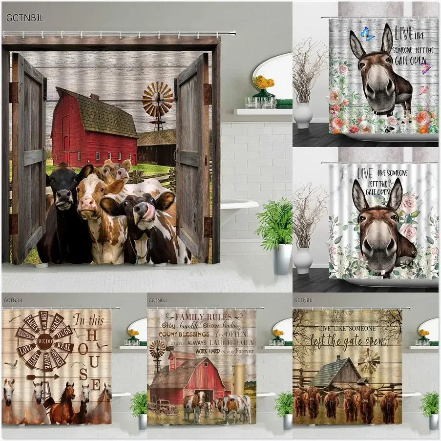 

Смешной Ослик корова душевая занавеска ферма животное Роза цветок бабочка деревянная доска дверь фермерский декор для ванной ткань занавеска крючок
