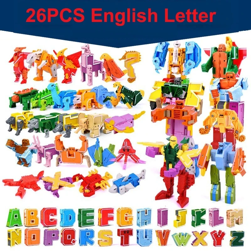 26 GUDI English Letter Alphabet Transformation Robot Dinosaur Deformation Animal Action Figure Learn A-Z Building Block Toys Set