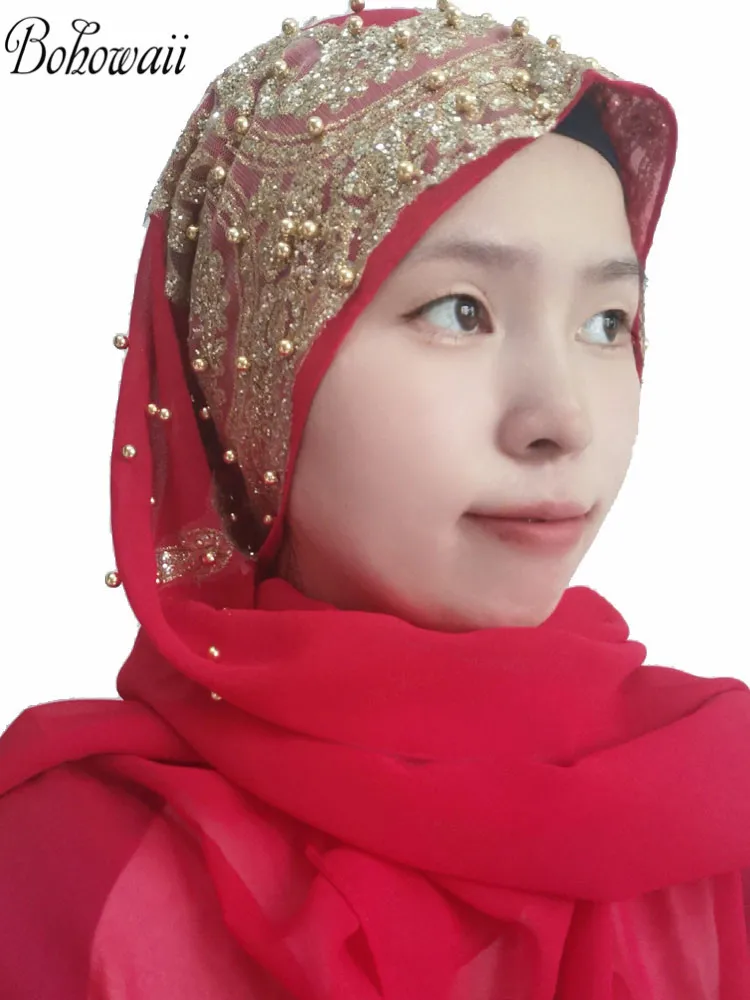

BOHOWAII Hijabs Scarf with Glitter Beading Chiffon Hijab Scarves Hoofddoek Head Wrap for Women Foulard Femme Musulman Kopftuch
