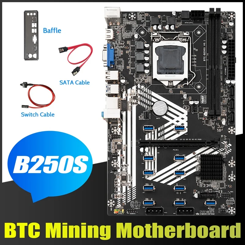 

AU42 -B250S Mining Motherboard+Baffle+SATA Cable+Switch Cable LGA1151 11XUSB3.0+1XPCIE 16X Slot DDR4 ETH Miner Motherboard