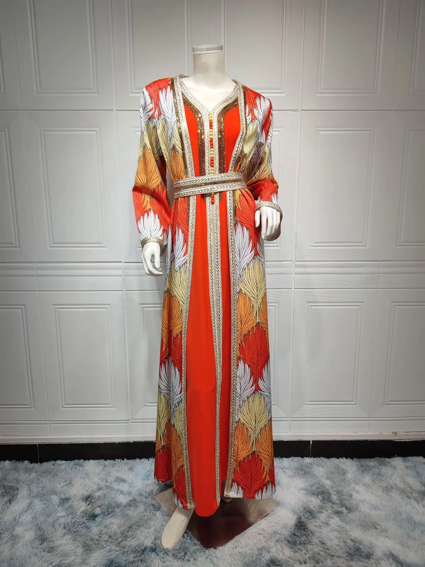 Gorgeous Party Evening Dresses Set for Women Muslim Chic Rhinestone Tape Trim V Neck Long Sleeve Jalabiya and Kimono Abaya 2pcs