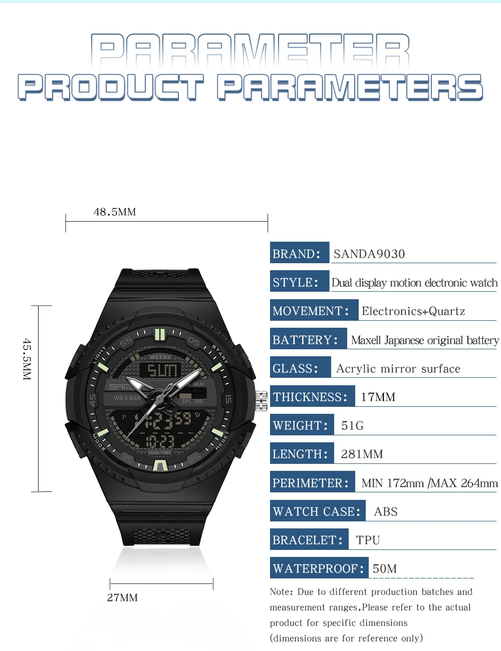 New Top Hot Selling Men's Watch Fashion Trend Casual Men's and Women's Waterproof Dual Display Alarm Clock Wristwatch SANDA 9030