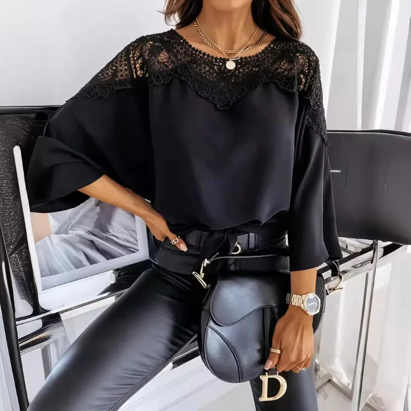 New Loose Long Sleeved Elegant Lace Women's Chiffon Shirt Solid Color Commuting Round Neck Top 12459