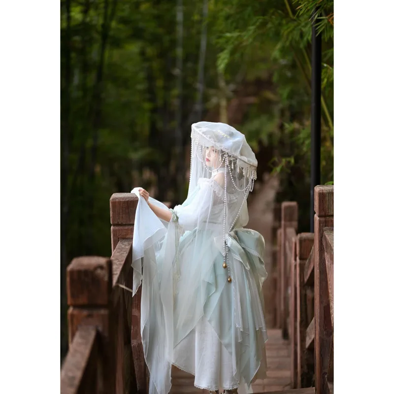 Hanfu Veil Screen Fence Pearl Hat Ancient Xiake Bead Curtain Super Fairy Elegant Sunscreen Hat Cosplay Tian Guan Ci Fu