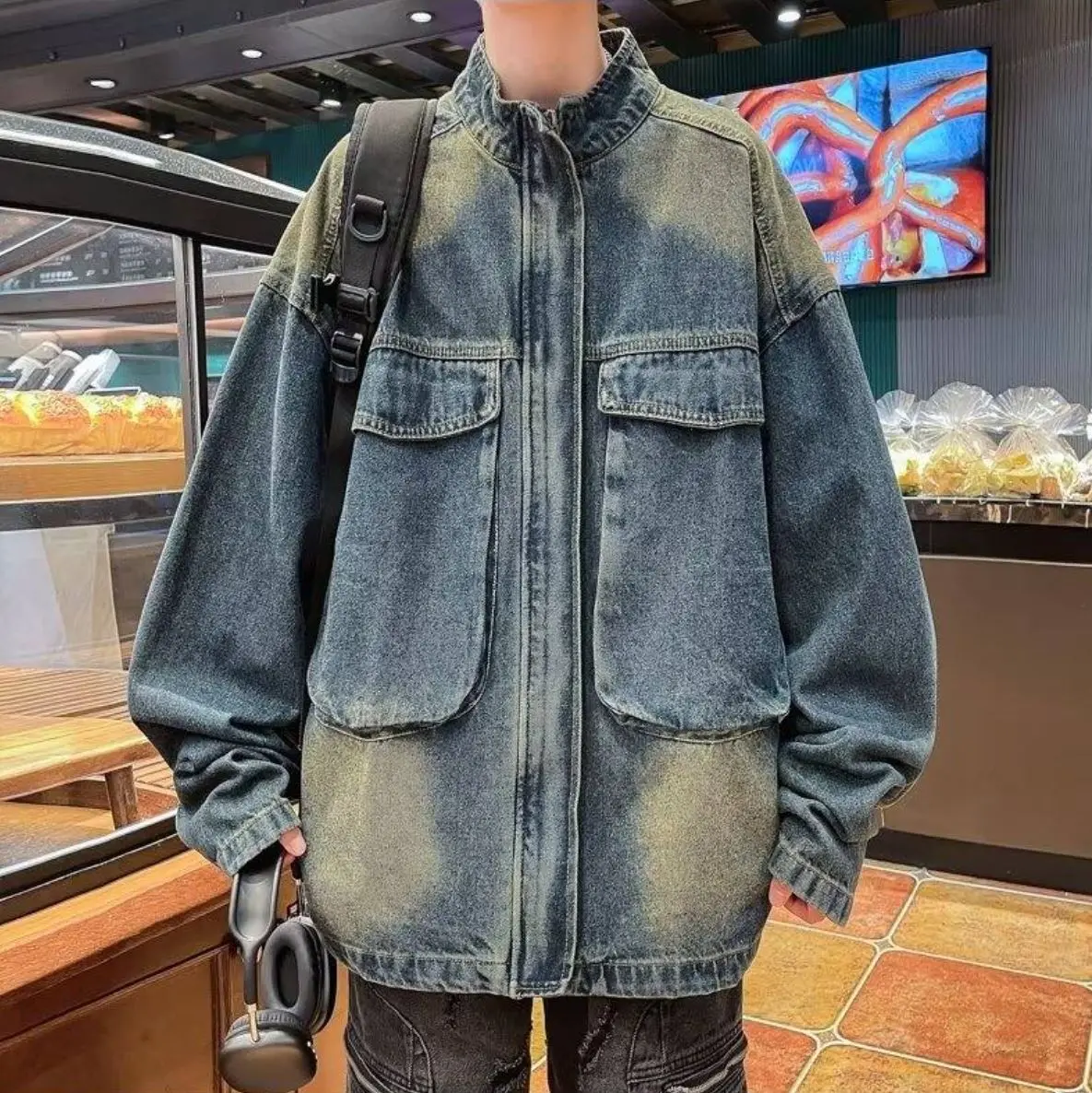 

Fashion Trends Hot Vintage Distressed Trend Big Pocket Denim Jacket Men's American High Street Stand Collar Jacket Top