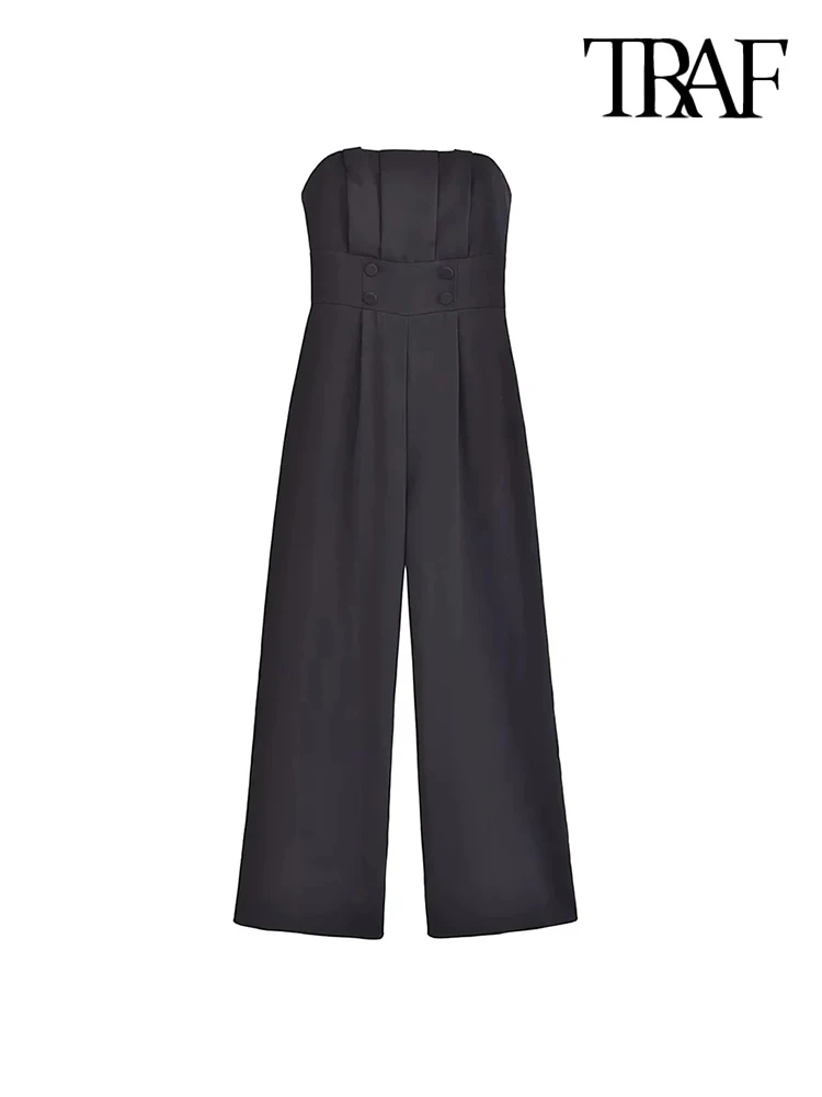

TRAF-Strapless Pleated Jumpsuits With Buttons For Women, Sexy Straight Neck, Side Zipper, Female Playsuits, Fashion