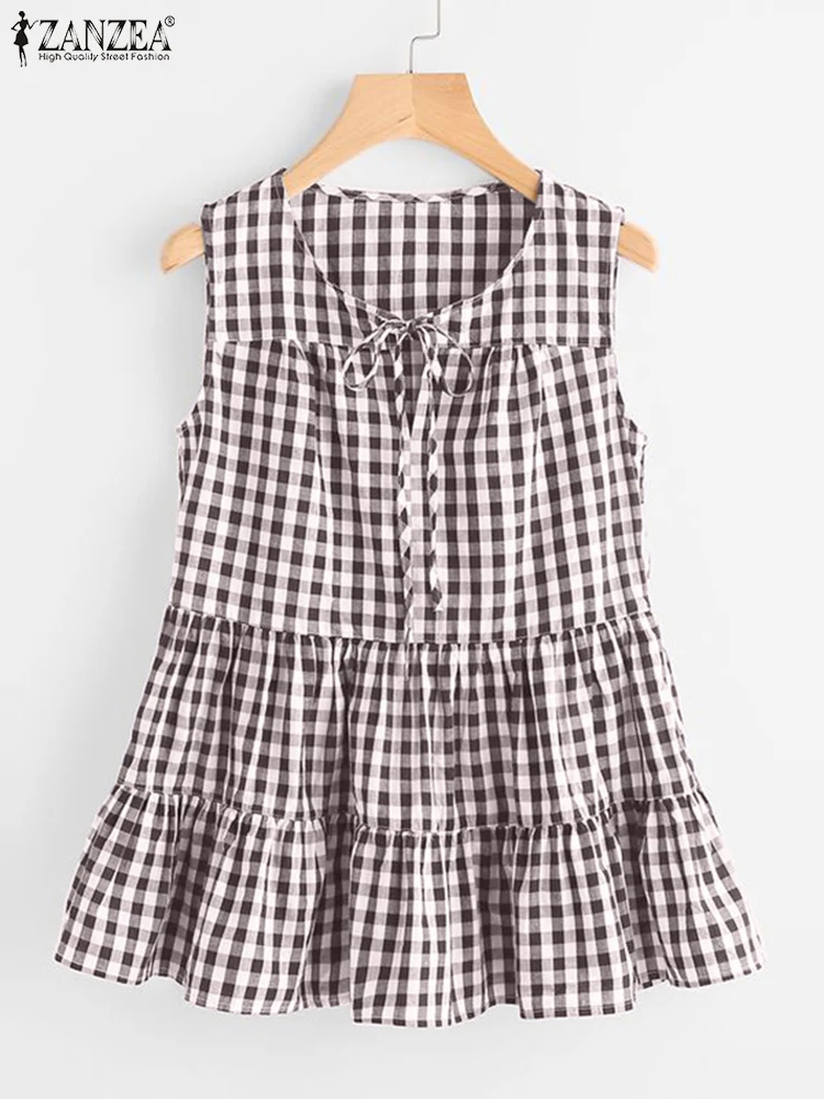 

Блузка ZANZEA женская с круглым вырезом, модная свободная клетчатая Повседневная рубашка с оборками в несколько рядов, без рукавов, лето 2024