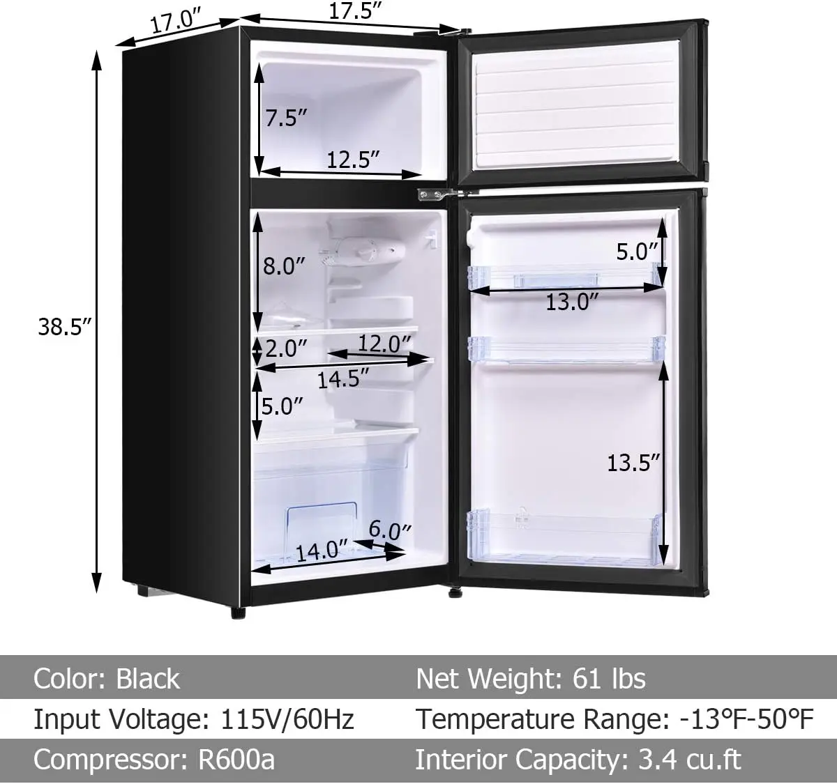 Compact Refrigerator 3.4 Cu. Ft. Classic Fridge with Adjustable Removable Glass Shelves Mechanical Control Recessed Handle 6