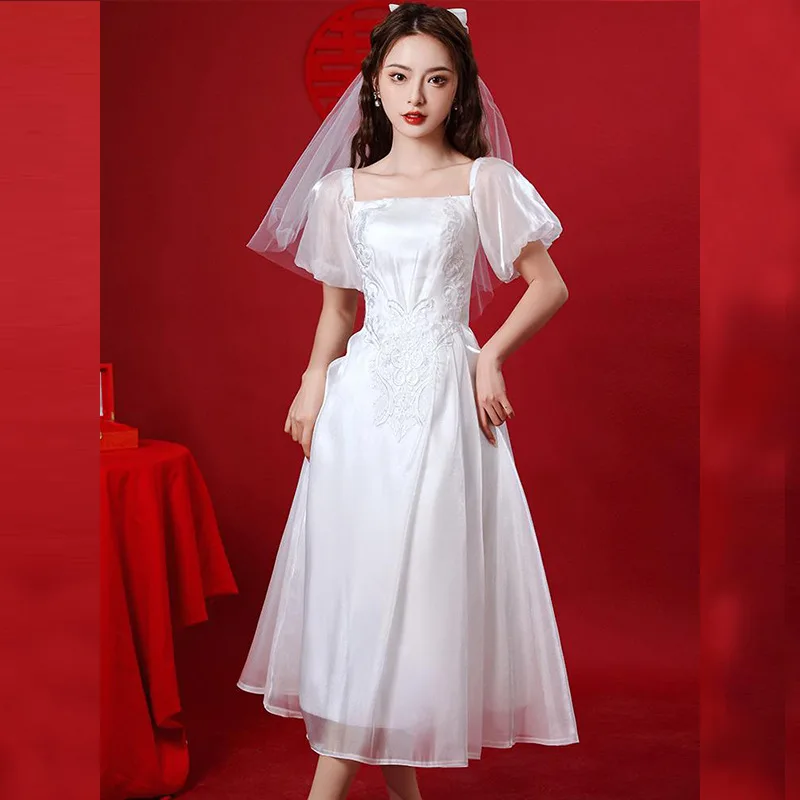 

Short Puff Sleeves Wedding Dresses Classical Square Collar Mid-Calf Bride Gowns Applique A Line Short Bridal Dress SWD356