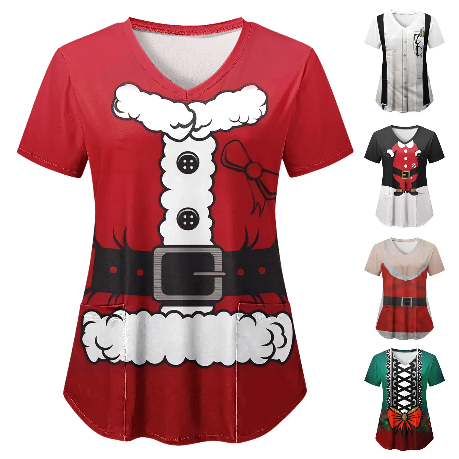 

Christmas Print Nurse Uniform Women Short Sleeve V-Neck Scrubs Tops Cartoon 3d Print Healthcare Tunic Pet Clinic Carer Workwear