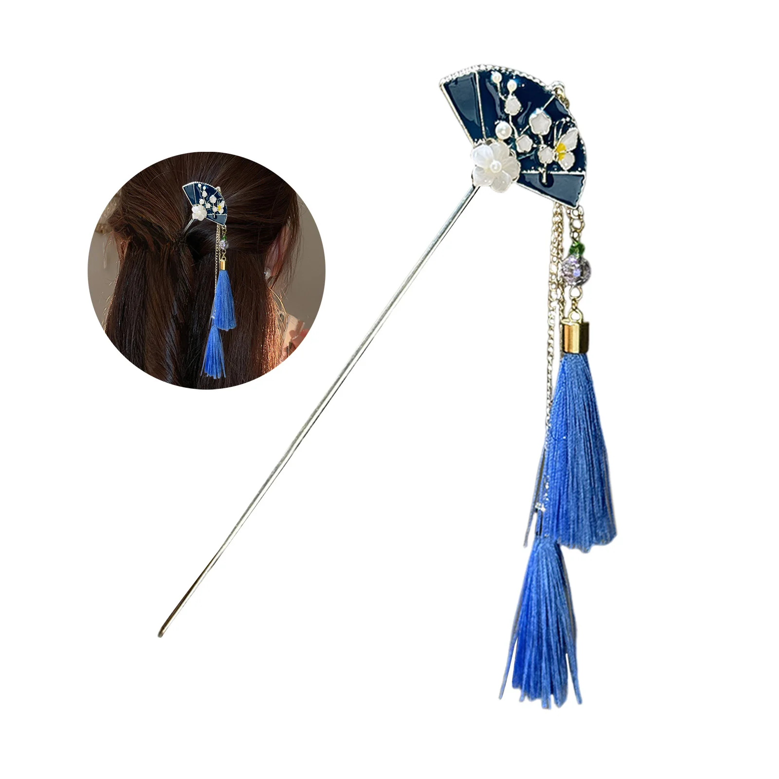 Bastoncino per capelli antico ventaglio blu con nappe fiore_voghion.com