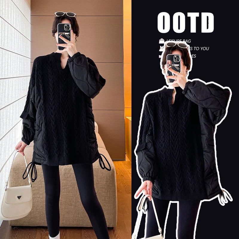 2723# Autumn Winter Fashion Cotton Padded Patchwork Sweaters Maternity Coats Chic Ins Tops for Pregnant Women Pregnancy Jackets