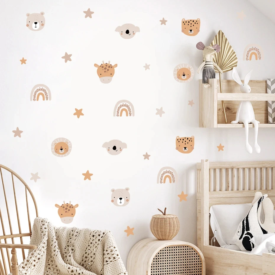 Boho Cartoon Rainbows Star Funny Animal Faces Watercolor Nursery Sticker Wall Decals Kids Boys Girls Room Home Decor