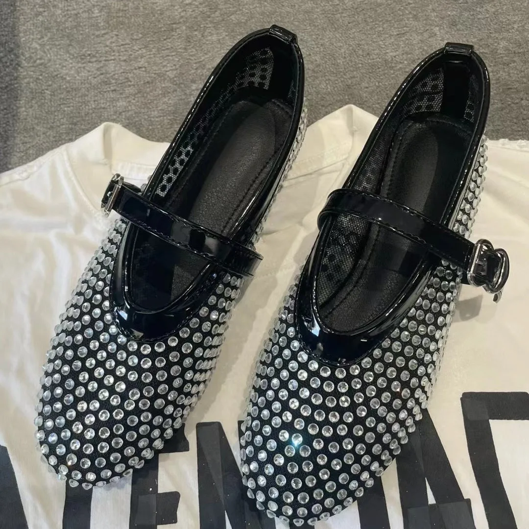 Mesh Buckle Strap Ballet Shoes, Women's Full Diamond Flat Shoes, Hollowed Out Mary Jane Single Shoes, Fishing Net Shoes, Trendy
