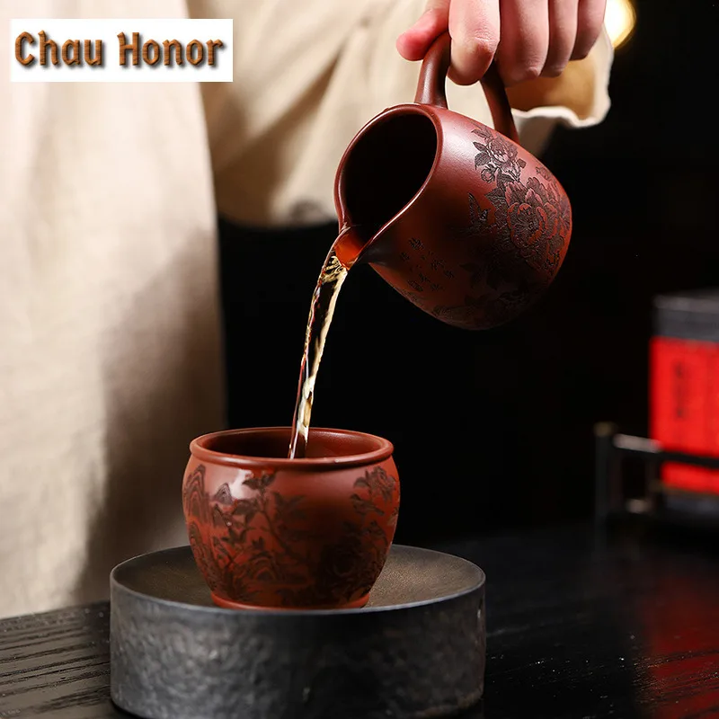 240ml Handmade Peony Flower Purple Clay Tea Pitcher Pour Tea Cha Hai Dispenser Household Justice Cup Fair Mug Cafes Accessories