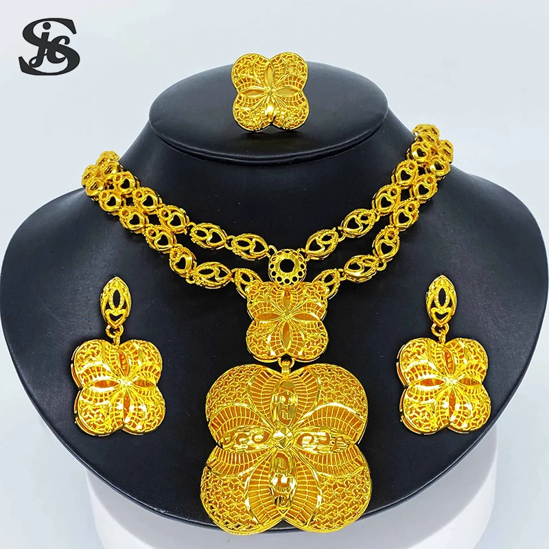 Dubai Fashion Jewelry Sets Of Pendant Love Shaped Chain Big Earrings 24K Gold Plated Luxury For