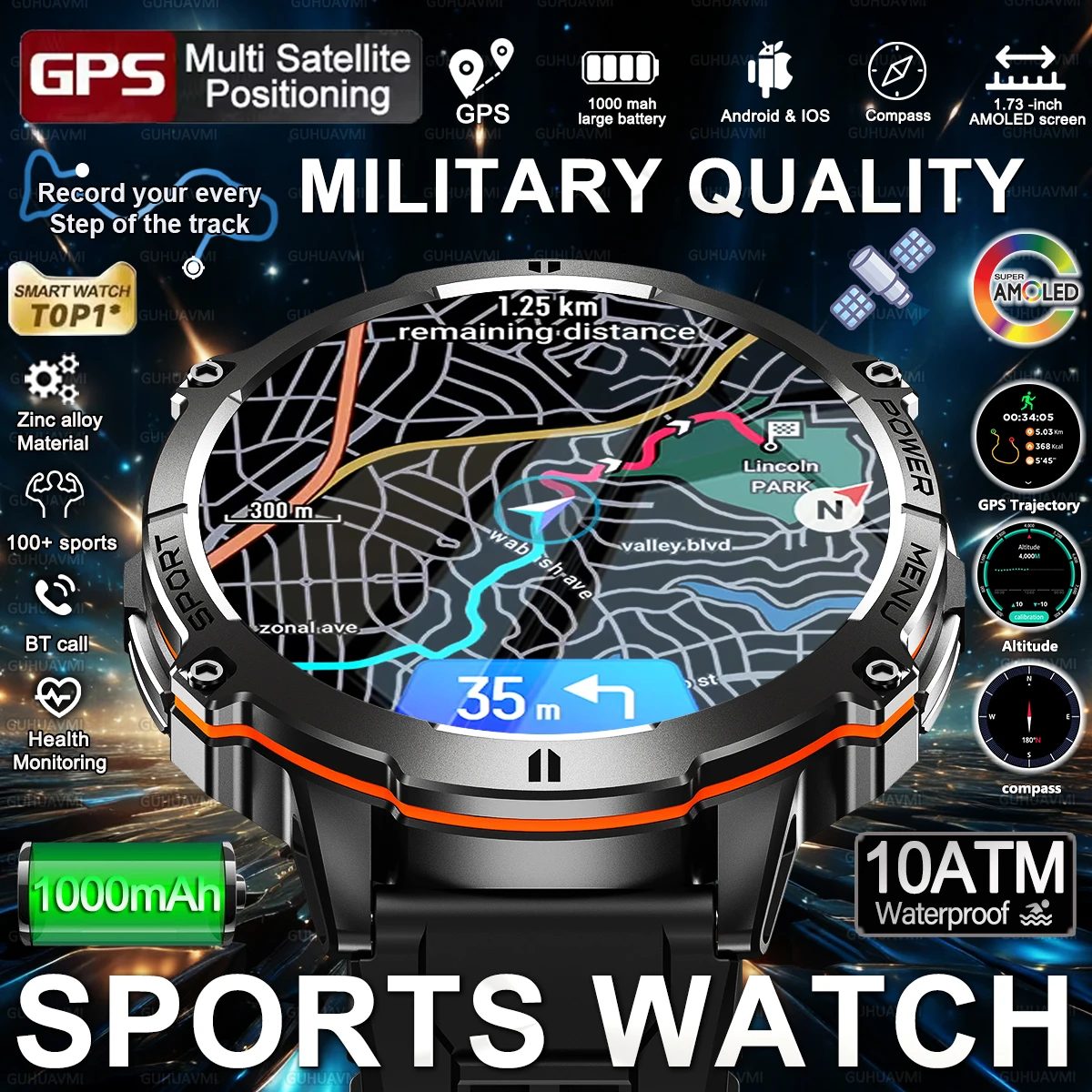 2025 New HOT Outdoors Military 1000mAh SmartWatch Men 10ATM Waterproof Compass Altimeter HD AMOLED Screen Call Sports Bracelet