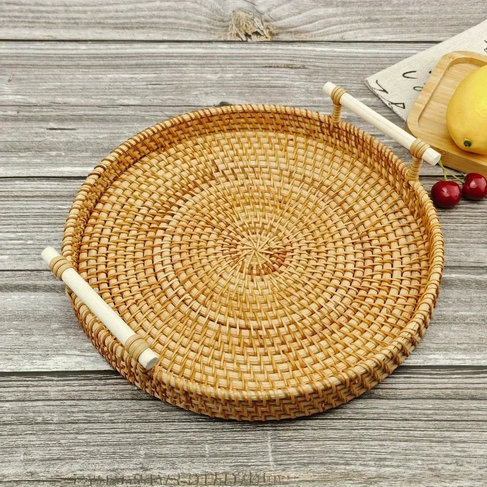 Multi-purpose Hand-made Rattan Tray Rattan Woven Anti-hot Insulation Tray Kitchen Camping Home Clothes Storage Fruit Basket 5