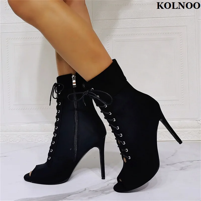 

Kolnoo New Arrival Handmade Ladies Stiletto Heels Boots Peep-toe Cross-shoelace Summer Black Ankle Boots Evening Fashion Shoes