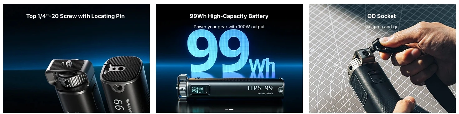 99Wh HPS99 Handheld Power Stick 100W Output 14.54V for COB Light 2 USB-C 1 D-Tap