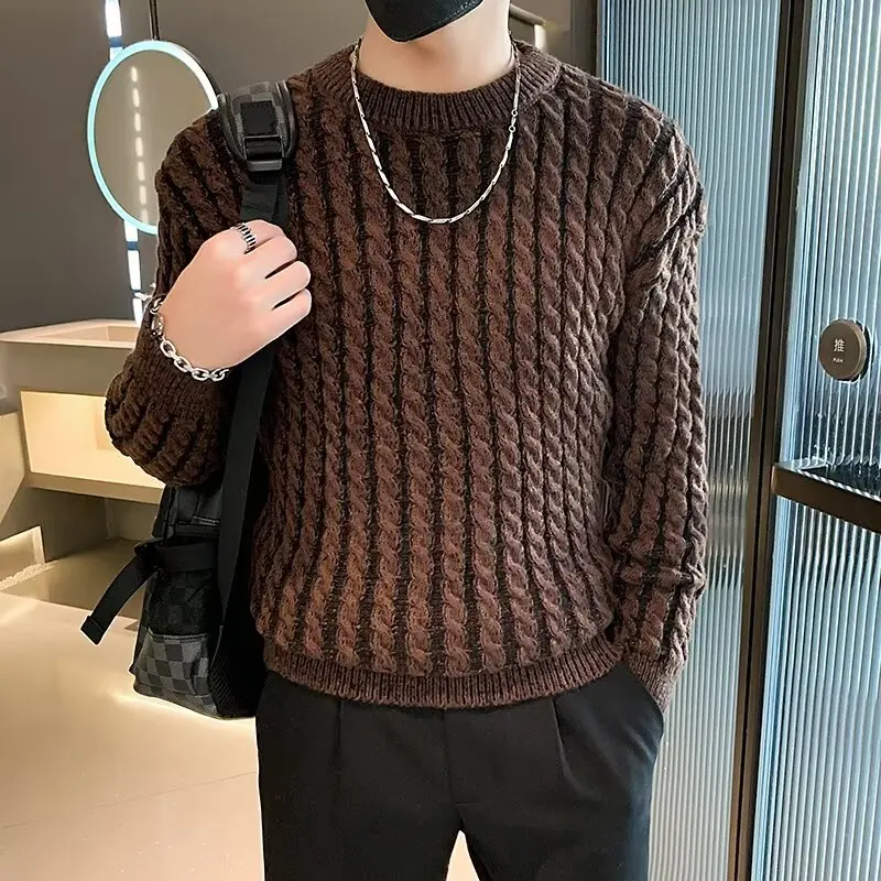 2023 Autumn Winter New Knitted Men Sweater Casual Fashion Solid Round Neck Pullover Red Coffee Youth Top
