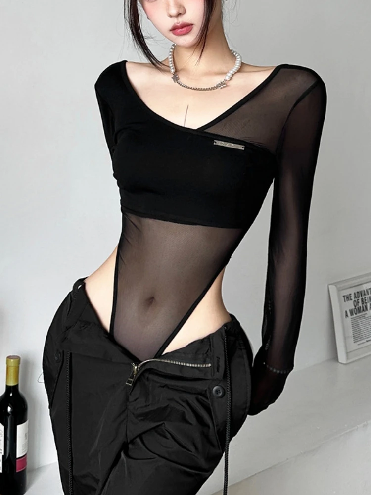 Foweknow Top da donna a rete in pizzo con ricami floreali, sexy