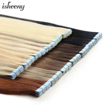 Isheeny Blonde Human Hair Tape In Extensions European Natural Hair Extension Skin PU Weft 14"-24" Black Brown Human Hair