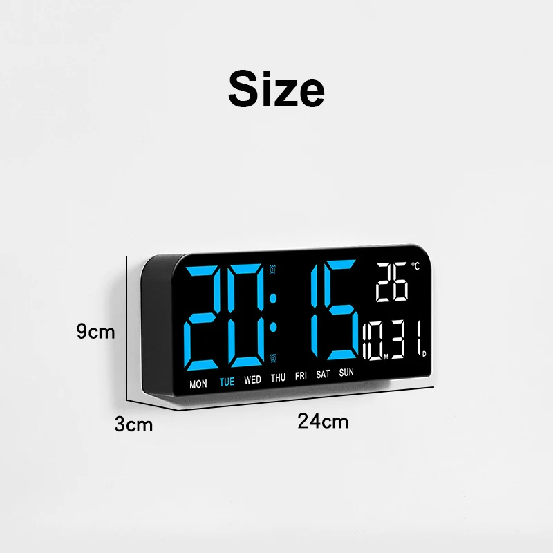 Digital Wall Clock 9 Inch Temperature Date Week Timing Countdown Brightness Adjustment Dual Alarms 12/24H LED