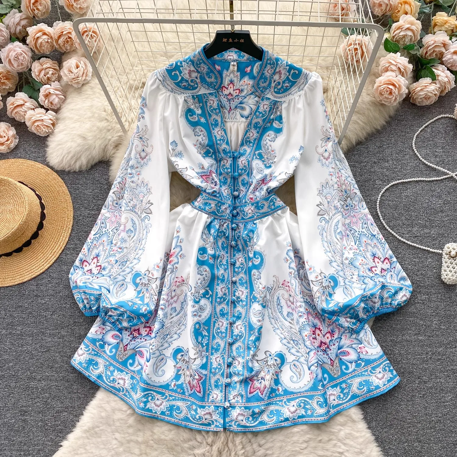 

2024 Spring Autumn Women Short Dress Runway V Neck Lantern Sleeve Single Breasted High Waist Party Boho Casual Vestidos