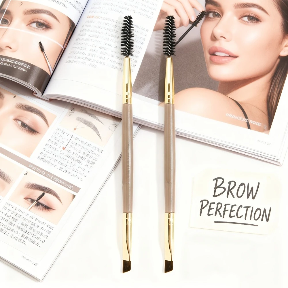 1PCS Dual-Ended Brow Brushes - Vegan Nylon & Golden Handle, Travel-Friendly Micro-Fine Bristles (Beginners & Pros)