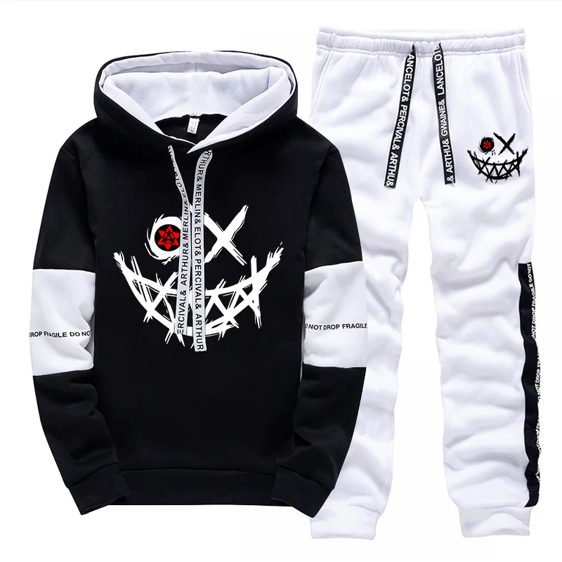 Men’s Printed Tracksuit – Hoodie and Sweatpants Streetwear Set for Outdoor & Casual Wear black white