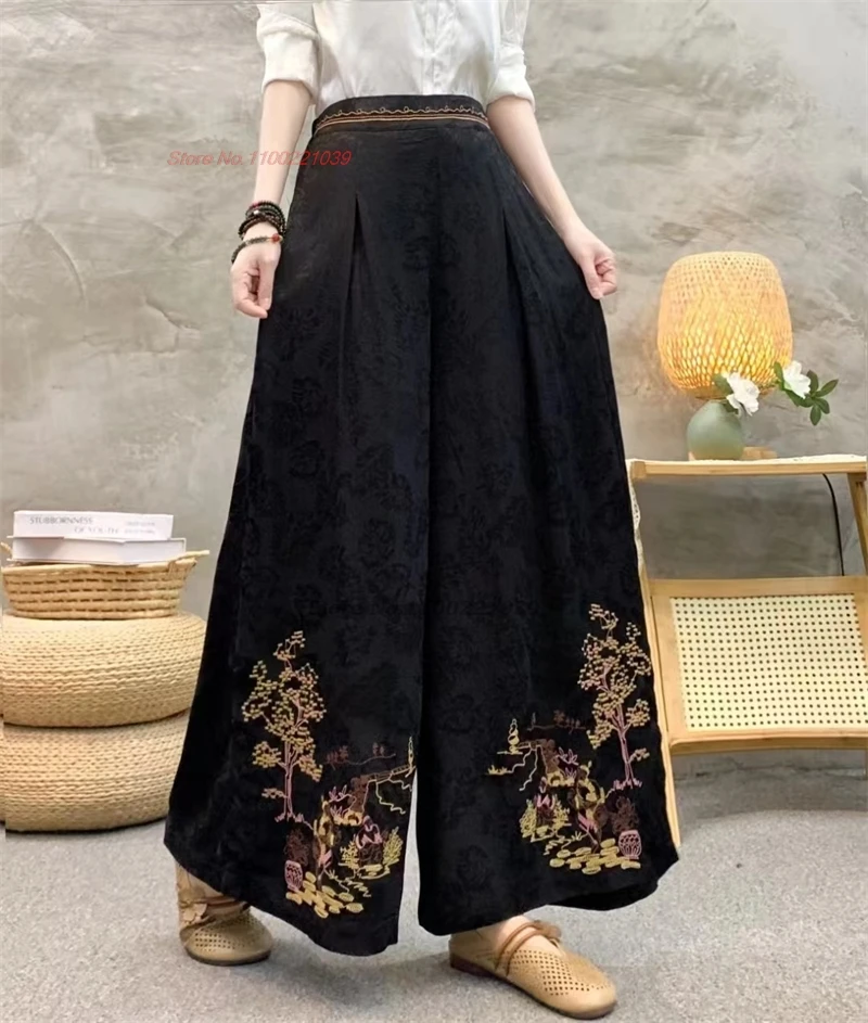 chinese vintage pants flower embroidered pants women traditional wide leg trousers national satin jacquard folk loose