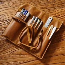 AIGUONIU Handmade Genuine Leather Pencil Case Zipper Nature Cowhide Pen Protection Bag Holder Pouch School Supplies