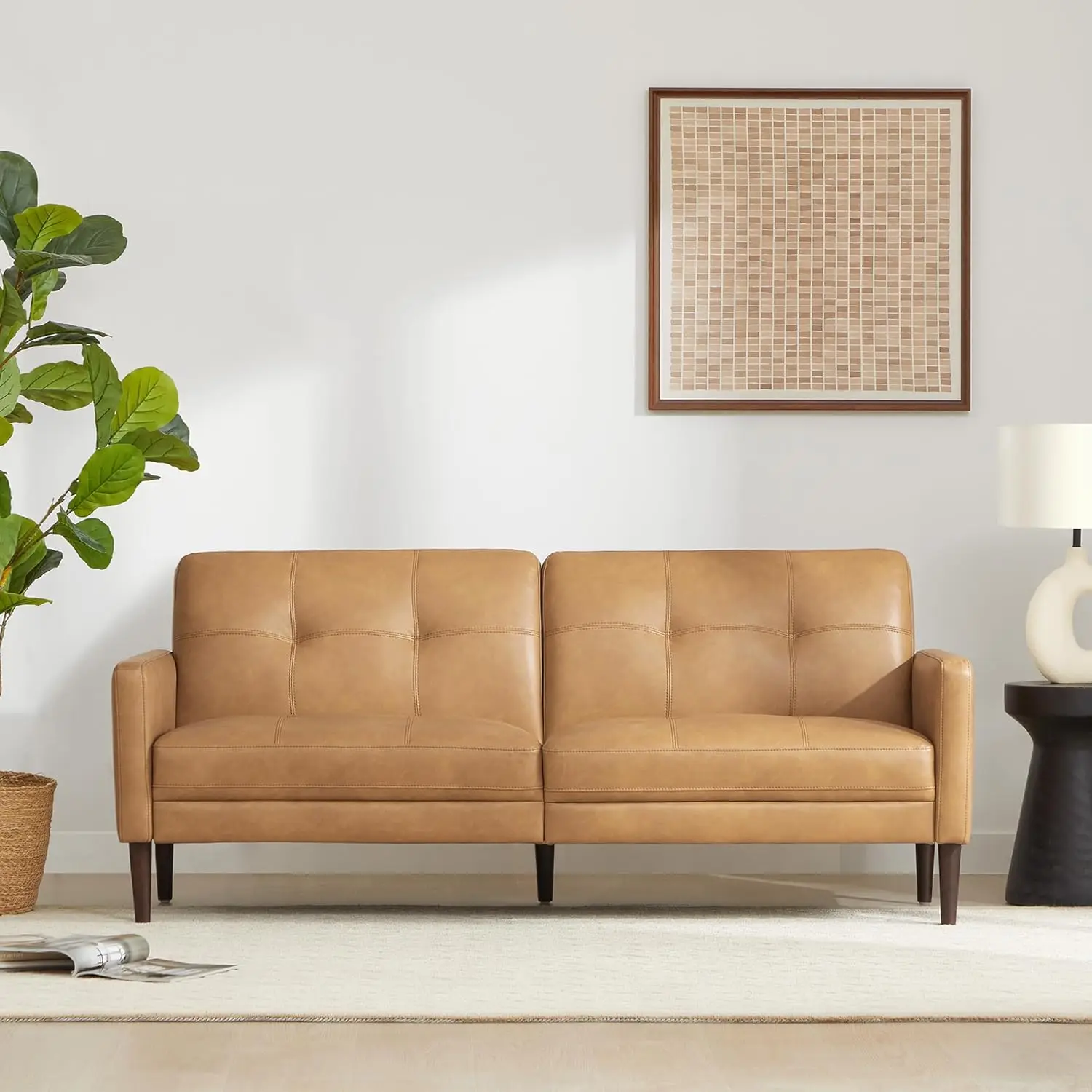 Mid-Century Sofas Furniture 73.2''W Faux Leather Sofa Couch Sets for Living Room Apartment, Cognac Brown, Customized 1
