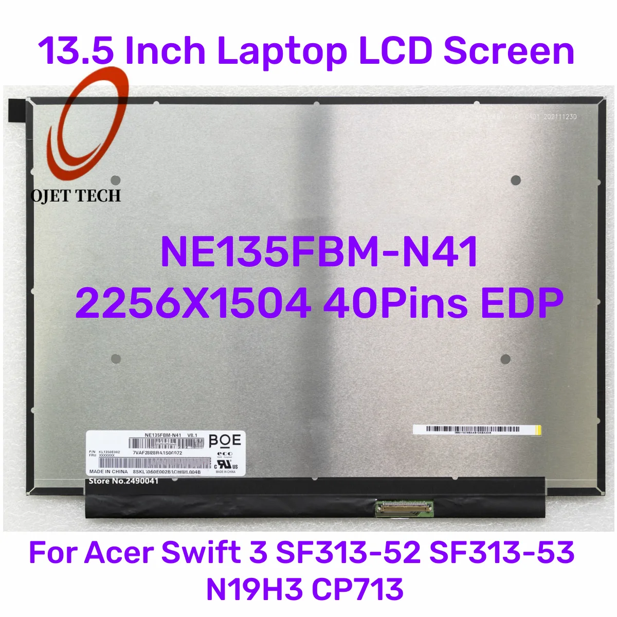 Laptop Display Lcd Tela Led Acer Swift 135 Ne135fbm-n41 V8.1 Edp 40 Pinos 2256×1504 Ips Sf31352 Sf313-53