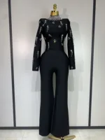 Sparkly Diamonds Long Sleeve Black Bodycom Bandage Jumpsuit Fashion 2025 Woman Evening Party Elegant Luxury Birthday Rompers