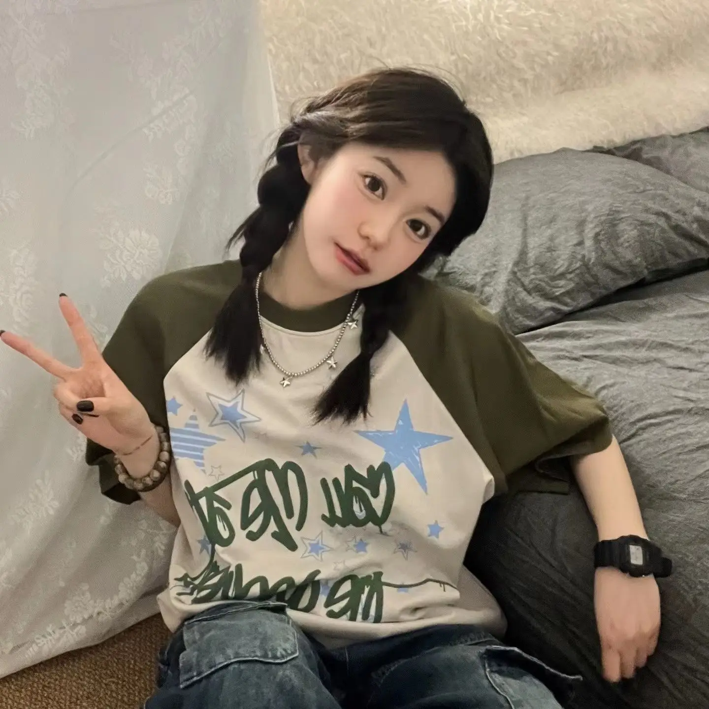 

Summer New Style Right Shoulder Star Letter Printed T Shirt Design with Contrasting Color Splicing Short Sleeved Tops Versatile