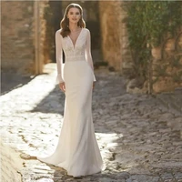 Glamorous Wedding Dresses Simple Satin Bridal Gowns Lace Appliques 2024 V-Neck Long Sleeves Mermaid Vestidos De Novia Customized 1