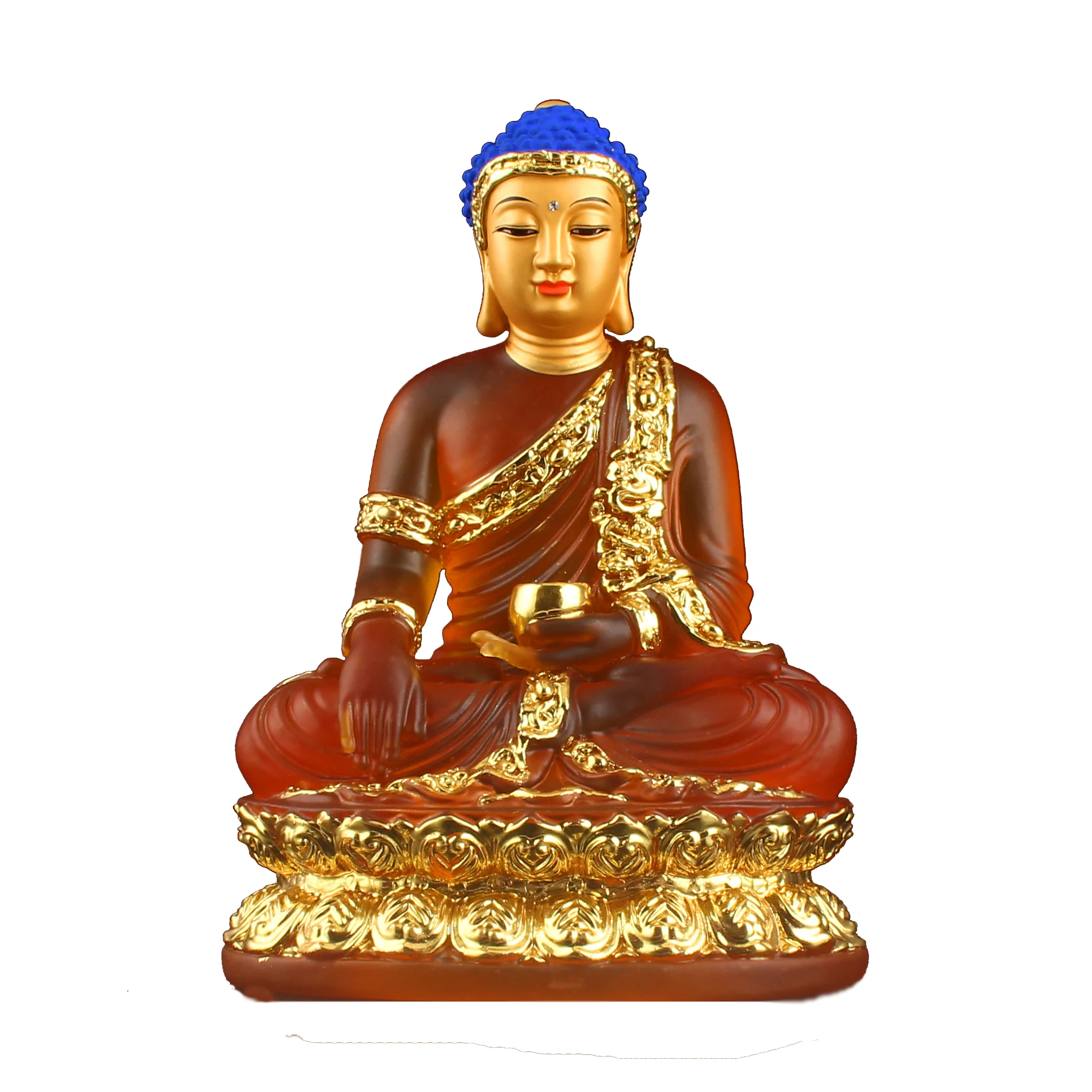 

This Shakyamuni Buddha is adorned with gold and imitation glass household offerings for peace and auspiciousness