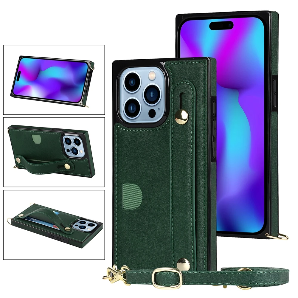 Elegant Crossbody Leather Phone Case with Kickstand and Card Slot Featuring a Wristband Design