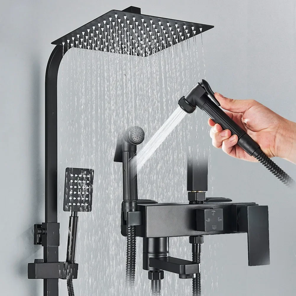 

Rainfall Bathroom Shower Faucet Set With Bidet Mixer Tap Black Wall Mounted Brass Bath Cabin System Rack,Tub Spout