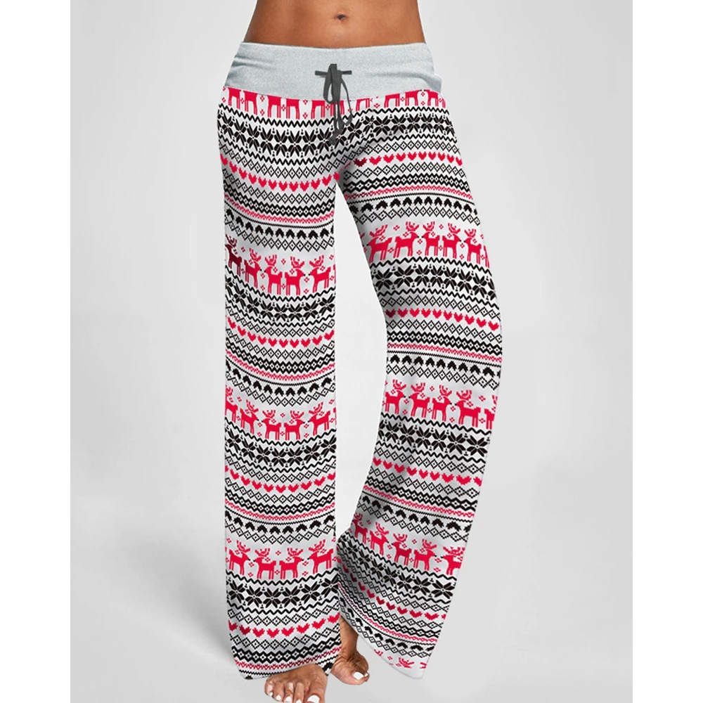Women Elk Snowflake Print Drawstring Lace-up Loose Pants Wide Leg Casual Trouses Homewear New year Christmas Gift Sweatpants