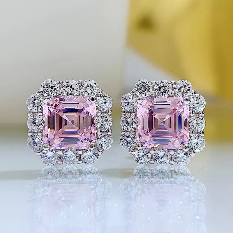 

Spring Qiaoer Luxury 925 Sterling Silver 2CT Pink Quartz Topaz Stud Earrings for Women Lab Diamond Engagement Fine Jewelry Gift