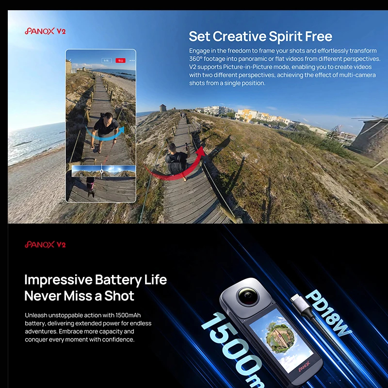 액션 카메라 360 Panox V2 360 카메라, 멋진 비디오 포함, 오토바이 360 도 스포츠 카메라