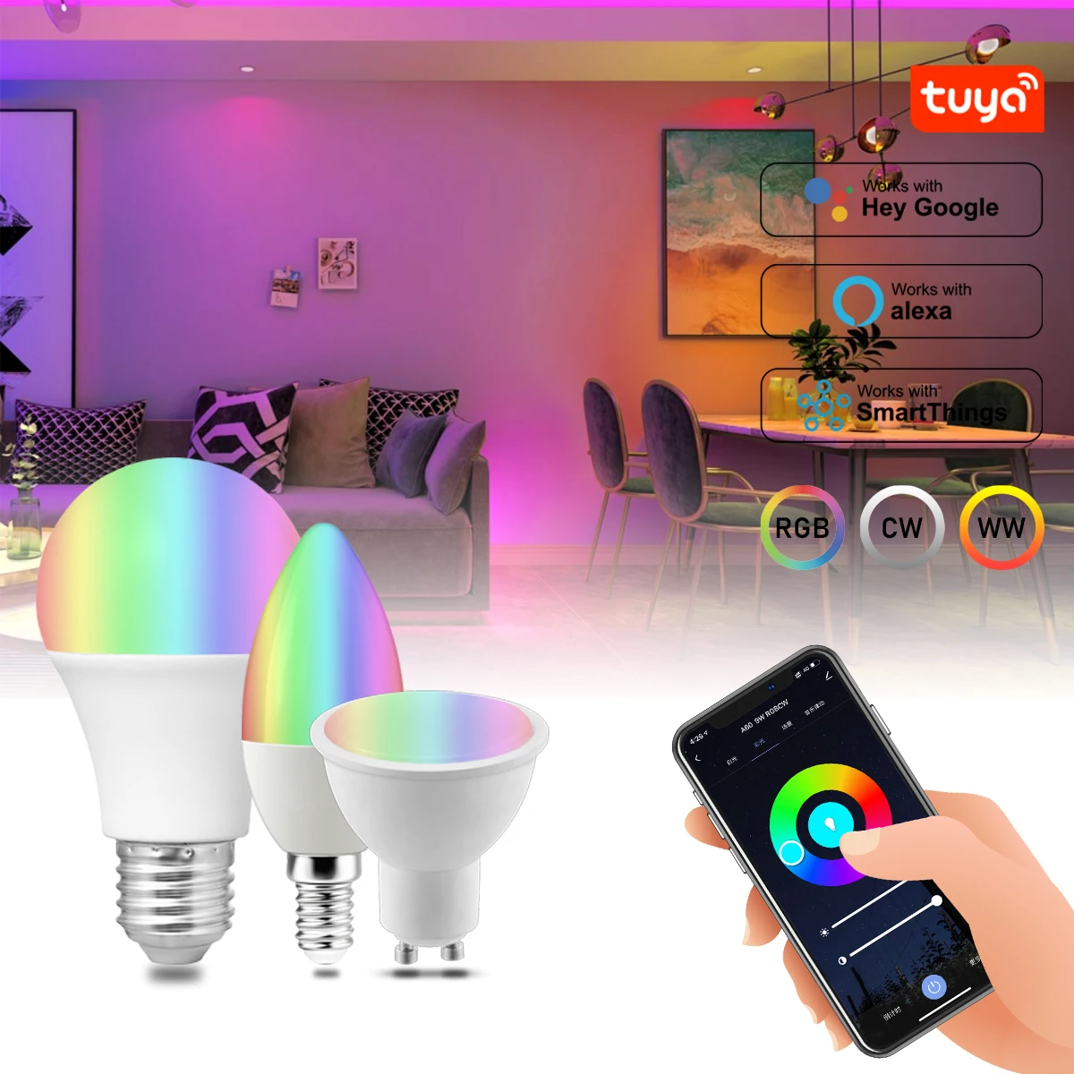 Умная лампа с голосовым управлением 6 Вт 9 RGB регулируемой яркостью GU10 C37 A60