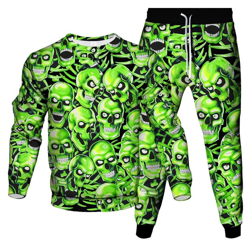 Fashion Skull Fire 3D Print Men's Sportswear Set Casual Long-Sleeved T Shirt Pants 2-Piece Set Oversized Pullover Men Clothing 6