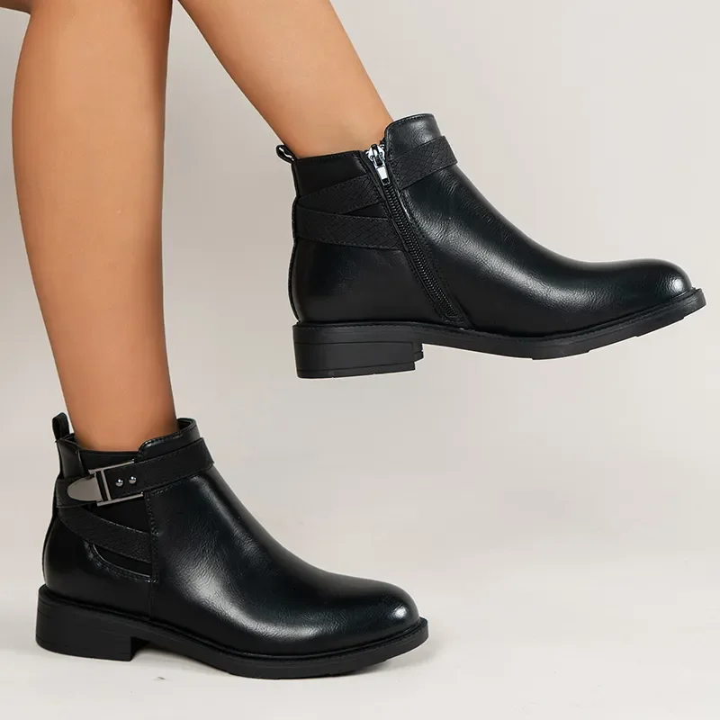 

Женские ботинки на низком каблуке, черные осенние ботильоны из искусственной кожи на платформе, боевые ботинки, женские ботинки в стиле панк с острым носком