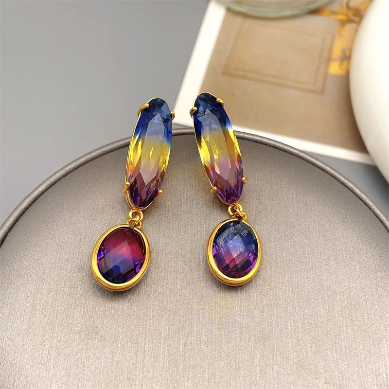 

French retro Inlaid colorful crystal glass drop-earrings for women elegant and delicate earrings plating 18k gold jewelry
