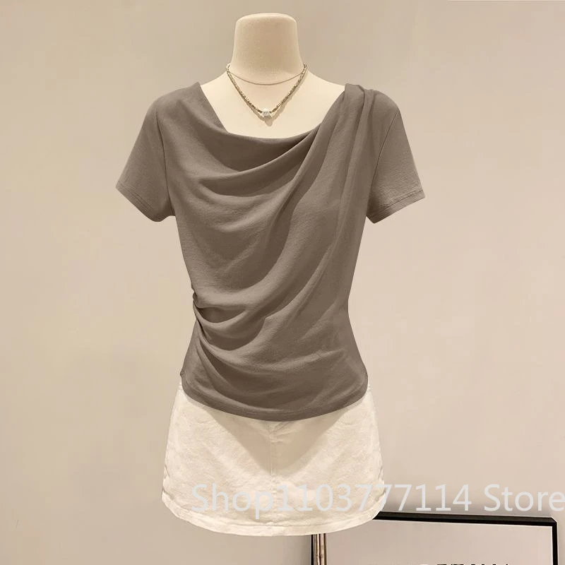 Summer Off Shoulder Top Women Summer Fashion Versatile Base Shirt Plus Size Slim Fit Short-sleeved T-shirt Casual and Sexy Beach